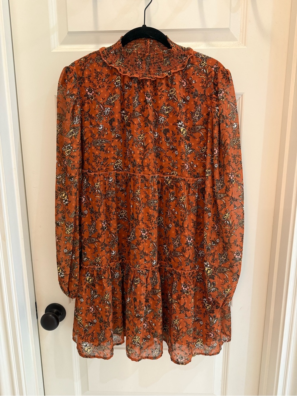 Forever 21 Orange Floral Smocked Mock Neck Tiered Mini Dress Size Small